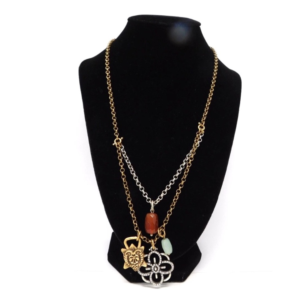 Lucky Brand Charm Necklace Layered Antique Gold Tone Semi Precious Accent 21-23"